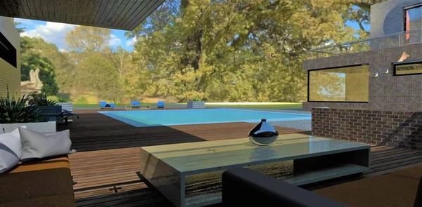 A serene backyard patio setting in an advanced design villa. Comfortable furniture and decking near the pool. A jug of incomprehensible shiny metal on the table. 3d render.