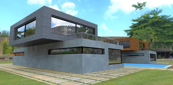 Nybyggd Lantstuga Minimalistisk Stil Blind Yta Tunga Betongplattor Kombinerad Fasaddekoration — Stockfoto
