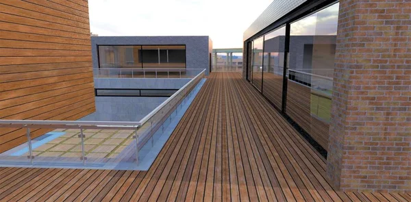 Wooden terrace on the roof of an advanced trendy cottage, enclosed with wall panels. Ahead is a building of incomprehensible architecture. 3d render.