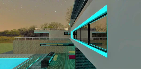 An oblong panoramic window illuminated by a turquoise LED strip at night. Yard of an advanced modern country estate. 3d render.