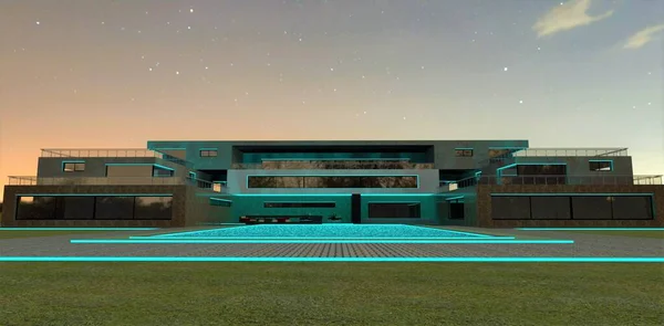 Luxurious designer villa illuminated with turquoise LED strip on a deep starry night. The illuminated pool is surrounded by cobbled paths with luminescent ends. 3d render.