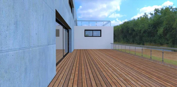 Trend board as a floor covering for a spacious balcony. Concrete walls. Glass panel fence. View of the dark forest. 3d render.