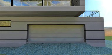 Gelişmiş, akıllı bir kır evinin garajına giriş tasarımı. Metal kaldırma kapıları uzaktan kumandalı. Ön cepheyi alüminyum panellerle tamamlamak. 3d hazırlayıcı.