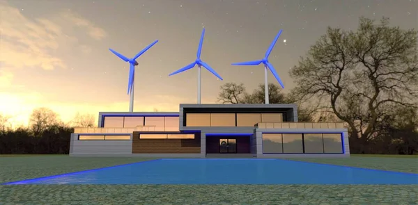 Blue wind turbine blades behind a smart tech house with a swimming pool under a starry evening sky. 3d render.