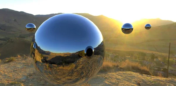 Large steel balls with a reflective surface fly through the air over a mountain village at dawn. The purpose is unknown. Probably alien civilizations. 3d render.