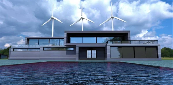 The design of a trendy country estate with an autonomous energy system. Three wind turbines in the backyard make the building energy self-sustaining. 3d render.