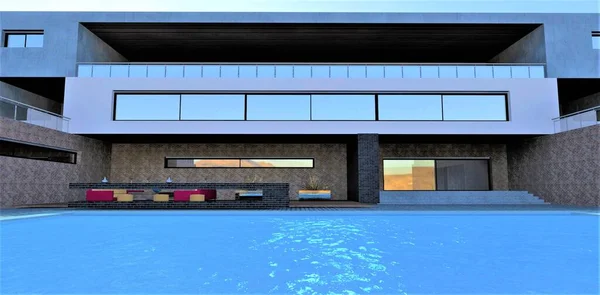 Vista Huésped Hotel Club Moderno Nadando Piscina Azul Por Mañana —  Fotos de Stock