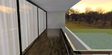 Pencerenin dışında akşam ışığının yandığı harika bir loggia projesi. Şeffaf bej perdeler. Hafif odun gecesi. 3d hazırlayıcı.