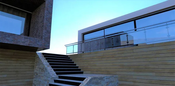 Escalera Diseño Terraza Una Casa Pato Diseñada Estilo Minimalista Acabado —  Fotos de Stock