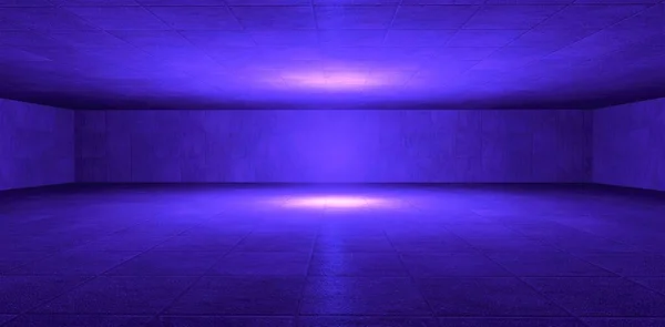 Halo of a light blue light source. Empty space bounded by concrete walls. Lighting is reflected on the surface, emphasizing the texture of the material. 3d render.
