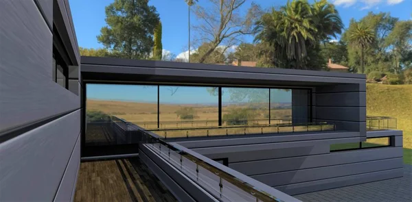 Loggia Diseño Una Casa Futurista Parque Subtropical Suelos Madera Decoración —  Fotos de Stock