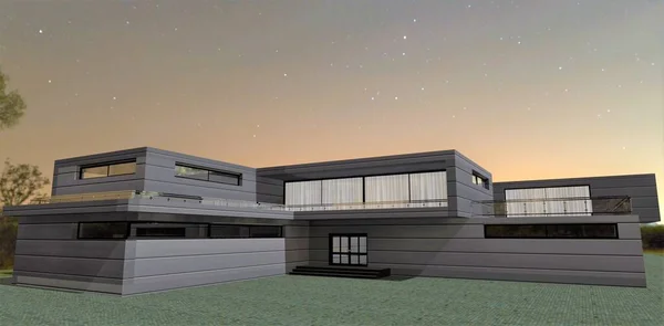 Vista Nocturna Casa Del Futuro Decoración Fachada Paneles Compuestos Energéticamente — Foto de Stock