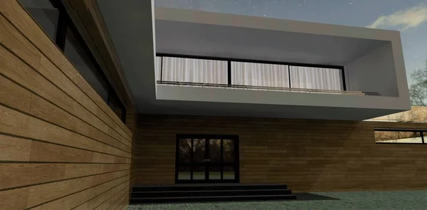 一个舒适的乡间别墅的木墙 二楼有一个宽敞的阳台 透过半透明的窗帘 光线是可见的 3D渲染 — 图库照片