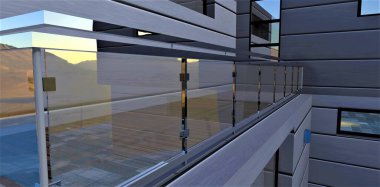 Çelik teçhizatlı ve krom parmaklıklı şık balkon camı. Parlak bir yüzey üzerinde bir dağ manzarasının yansıması. 3d hazırlayıcı.