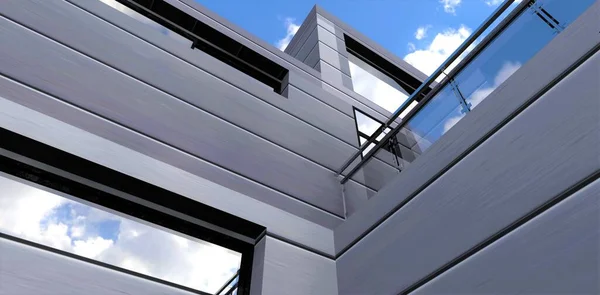 Bottom view of a futuristic house finished with metal. Looks good in combination with reflective windows. 3d render.