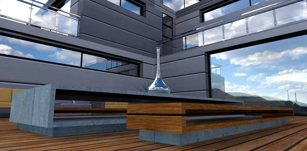 Designer stylish furniture made of wood and concrete on the wooden surface of a cozy patio near an advanced futuristic house. Chromed metal hookah on the table. 3d render.