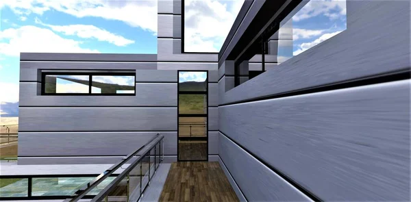时尚阳台的概念 墙面装饰金属隔热板 软糖地板 玻璃护栏与钢配件 3D渲染 — 图库照片