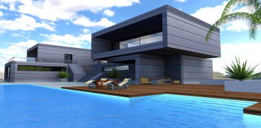 Gelişmiş stil bir evin önündeki inanılmaz oturma alanı. Havuza giden merdivenler berrak sudan görülebiliyor. Tahta güverte ve güverte sandalyeleri, palmiye ağaçları ve mavi bulutlu gökyüzü. 3d hazırlayıcı.