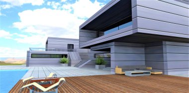 Fütürist bir evin teknolojik enerji tasarruflu dış görünüşü. Yalıtımdan yapılmış bileşik paneller ve metal kaplama uzun süre ve güvenilir bir şekilde hizmet veriyor. 3d hazırlayıcı.