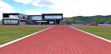 Eve giden yol kırmızı tuğlayla döşelidir. Beyaz sınır. Büyük yeşil çimen. Mavi gökyüzünde beyaz bulutlar. 3d hazırlayıcı.