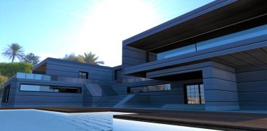 Geleceğin mimarisinde trendleri belirleyen bir kır evi projesi. Havuzda yaşayan su. Dış kısmı akıllı enerji tasarruflu malzemeyle tamamlamak. 3d hazırlayıcı.