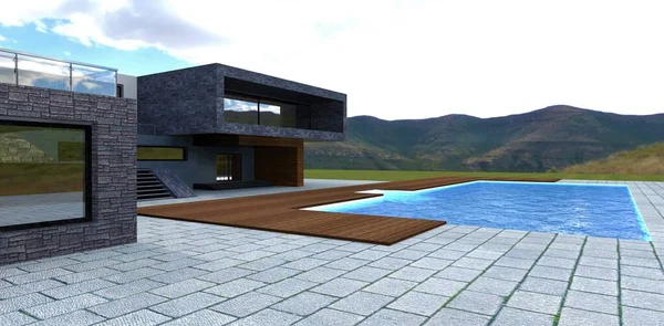 Betonnen Rechthoekige Straatstenen Voor Het Zwembad Van Een Compacte Villa — Stockfoto