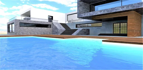 Cool Blue Water Splashes Pool Grounds Stylish Estate Staircase Visible — Stock Photo, Image