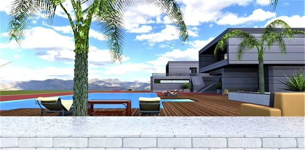 Stilvolle Villa Auf Einem Bergplateau Erholungsgebiet Mit Schwimmbad Holzböden Vor — Stockfoto