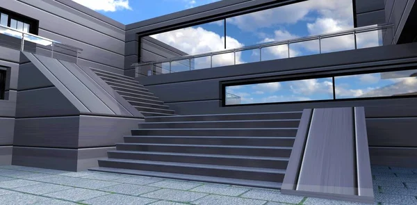 Ampia Scala Design Terrazza Una Futuristica Casa Campagna Tecnologicamente Avanzata — Foto Stock