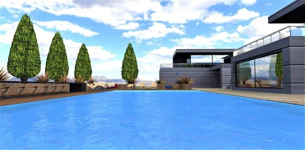 Huge blue water swimming pool in the relaxation area of a stylish tech country estate. Convenient comfortable seating area on the left. 3d render.