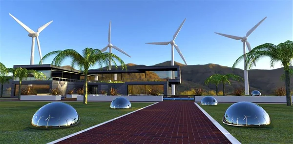 Les Éoliennes Silencieuses Modernes Offrent Indépendance Énergétique Une Luxueuse Villa — Photo