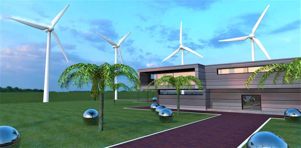 Non-volatile estate of the future. Powerful high-efficiency wind generators. Special balls collect and accumulate all the solar energy that enters the site. 3d render.