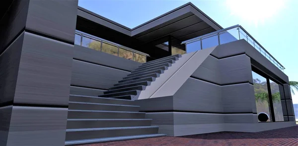 Das Konzept Eines Futuristischen Landhauses Kompakte Ergonomische Treppe Zur Terrasse — Stockfoto