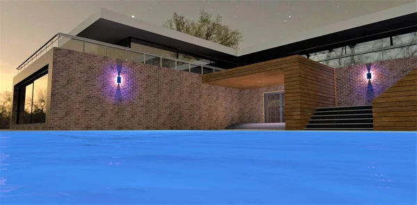 Surface Blue Water Pool Courtyard Stylish Private House Illuminated Night — Stock Photo, Image