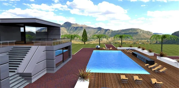 View from the balcony of a stylish private estate built on a mountain plateau to a recreation area in the courtyard of a house with a swimming pool. 3d render.