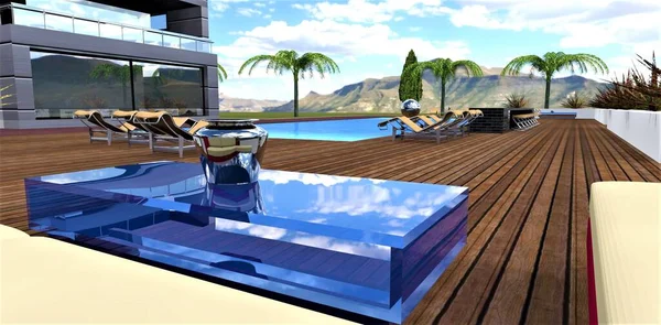 A unique design table made of blue glass on a wooden terrace with a swimming pool in an advanced club hotel in a mountainous region. 3d render.