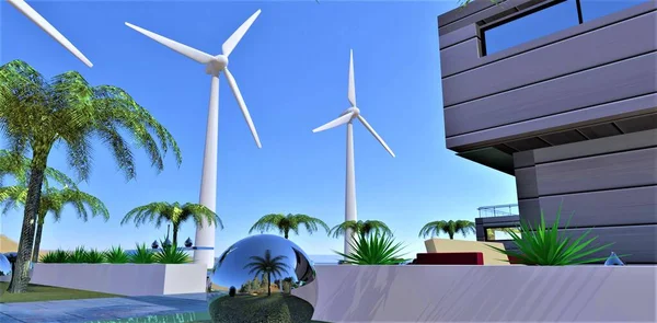 私人乡村住宅 有自己的风力发电场 电力本身就足够了 也可以卖给邻近的地产 3D渲染 — 图库照片