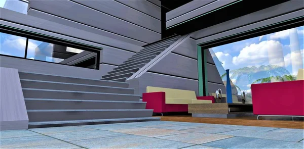 Stairs up to the terrace past sofas and a table in the gazebo in the backyard of the country house across from the reflective display window. 3d render.