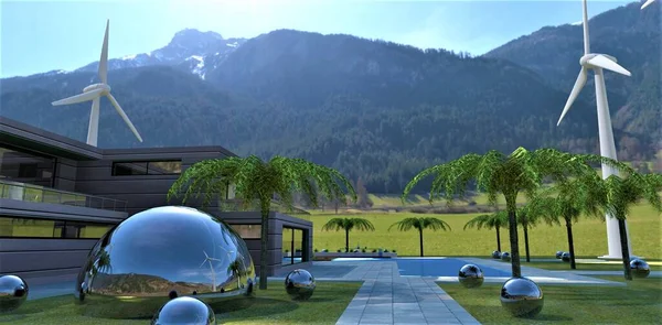 Technological country house of the future in a mountainous ecologically clean area. Special metal balls that collect and store solar energy and wind turbines. 3d render.