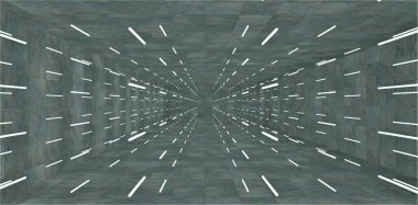 Billions of charged luminous particles have been released from the Hadron Collider and are flying through the concrete room. 3d render. clipart