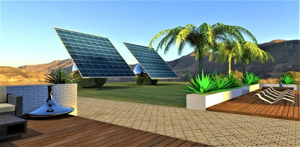 Dziedziniec Wiejskiego Domu Przyszłości Dwa Potężne Panele Słoneczne Obracają Się — Zdjęcie stockowe