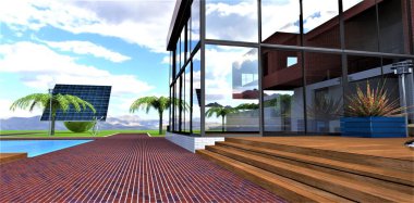 Yaya yolu kırmızı-mavi tuğlalarla döşelidir. Sağda, rahat verandanın ahşap basamakları. Evin cam ön cephesi. Önümüzde otonom bir güneş enerjisi santrali var. 3d hazırlayıcı.