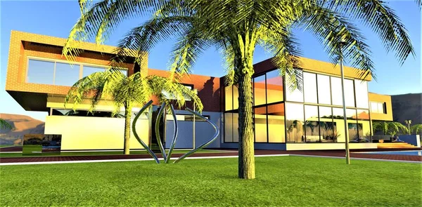 Великолепный Солнечный День Private Country Villa Large Green Lawn Palm — стоковое фото