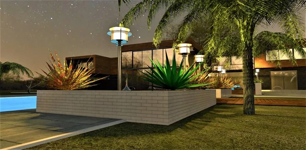 Nachtlampjes Het Recreatiegebied Van Een Chique Landhuis Met Zwembad Zorgen — Stockfoto