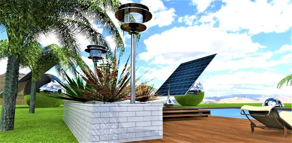 Patio Una Finca Futurista Tecnológicamente Avanzada Plantas Energía Solar Autónomas —  Fotos de Stock