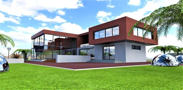 A recently rented house with a large green meadow, young palm trees and metal installations as decoration. Red brick pavement with white curb. 3d render.
