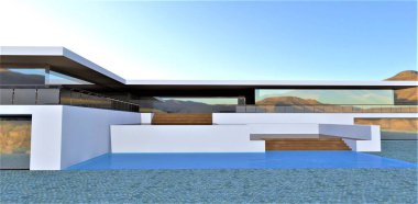 Dağ yaylasında beyaz fütürist villa kavramı. Havuza kadar geniş ahşap merdiven. İkinci katta cam duvar var. 3d hazırlayıcı.