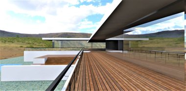 Gelişmiş modern bir kır evinin ahşap terası. Sertleştirilmiş camlı, yenilikçi katı enerji tasarrufu pencereleri. 3d hazırlayıcı.
