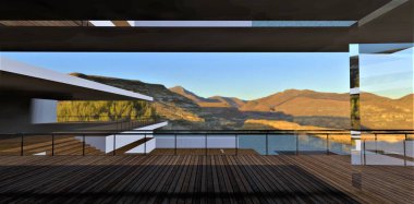 Uzak bir gezegendeki fütüristik bir malikanenin panoramik penceresinden, güneşin aydınlattığı harika bir dağ manzarası. 3d hazırlayıcı.