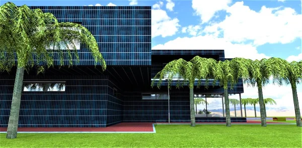 Экологичный Стильный Дом Стены Покрыты Фотоэлектрическими Элементами Выработки Солнечной Энергии — стоковое фото